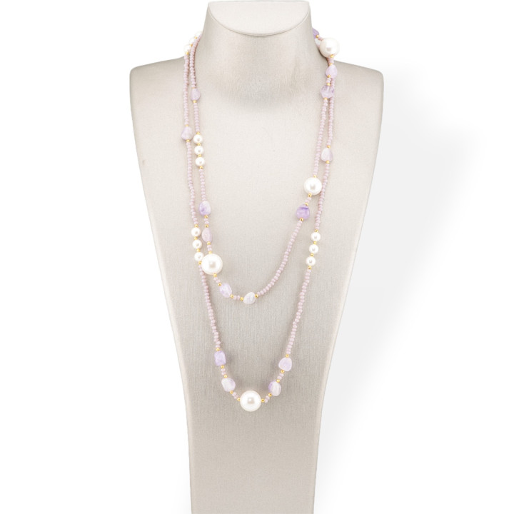 Bijoux Charleston Collier de cristaux CZ avec pierres semi-précieuses et perles de Majorque avec hématite 120 cm violet clair
