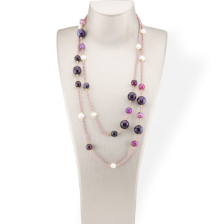 Bijoux Collar Charleston de Piedras Semipreciosas, Perlas de Río y Cristales 120cm con Cierre de Ágata Morada