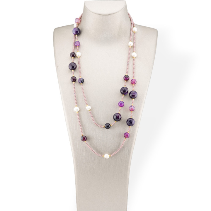 Bijoux Charleston Collier de Pierres Semi-précieuses, Perles de Rivière et Cristaux 120cm avec Fermoir Agate Violette