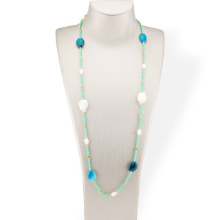 Collana Bijoux Di Cristalli CZ Con Pietre Dure E Perle Barocche Con Ematite 90cm Agata Blu e Verde