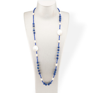Collana Bijoux Di Cristalli CZ Con Pietre Dure, Perle Barocche Piatte E Ematite 90cm Blu Lapis