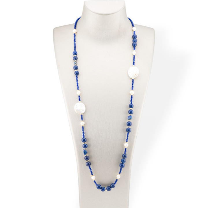 Collana Bijoux Di Cristalli CZ Con Pietre Dure, Perle Barocche Piatte E Ematite 90cm Blu Lapis