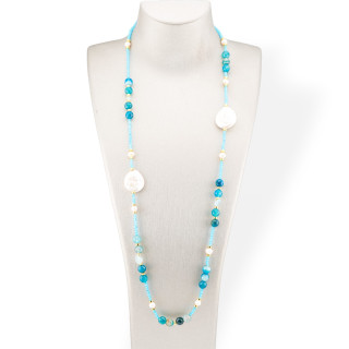 Bijoux-Halskette aus CZ-Kristallen mit Halbedelsteinen, flachen Barockperlen und Hämatit, 90 cm, Hellblau