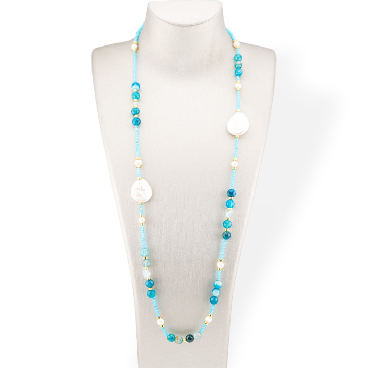 Bijoux-Halskette aus CZ-Kristallen mit Halbedelsteinen, flachen Barockperlen und Hämatit, 90 cm, Hellblau