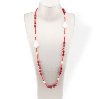 Bijoux-Halskette aus CZ-Kristallen mit Halbedelsteinen, flachen Barockperlen und Hämatit, 90 cm, Rot