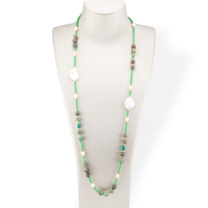 Bijoux Collar De Cristales CZ Con Piedras Semipreciosas, Perlas Barrocas Planas Y Hematites 90cm Verde