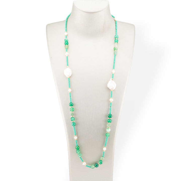 Bijoux Collar De Cristales CZ Con Piedras Semipreciosas, Perlas Barrocas Planas Y Hematites 90cm Verde Claro