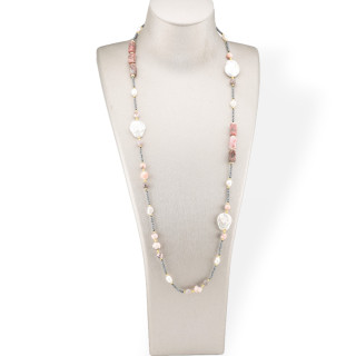 Charlestone Necklace Of Hard Stones, Pearls And Hematite 90cm Pink Opal