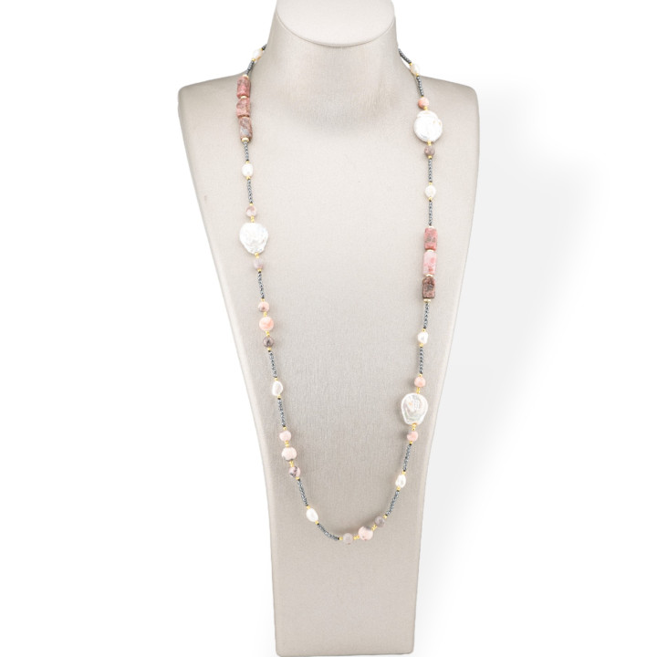 Collier Charleston De Pierres Semi-précieuses, Perles Et Hématite 90cm Opale Rose