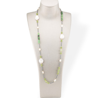 Collar Charlestón de Piedras Semipreciosas, Perlas y Hematites 90cm Prenita y Rubízoisita