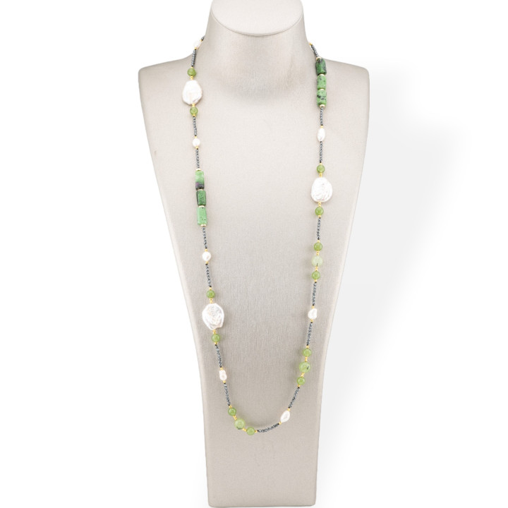 Charlestone Necklace Of Hard Stones, Pearls And Hematite 90cm Prenite And Rubyzoisite