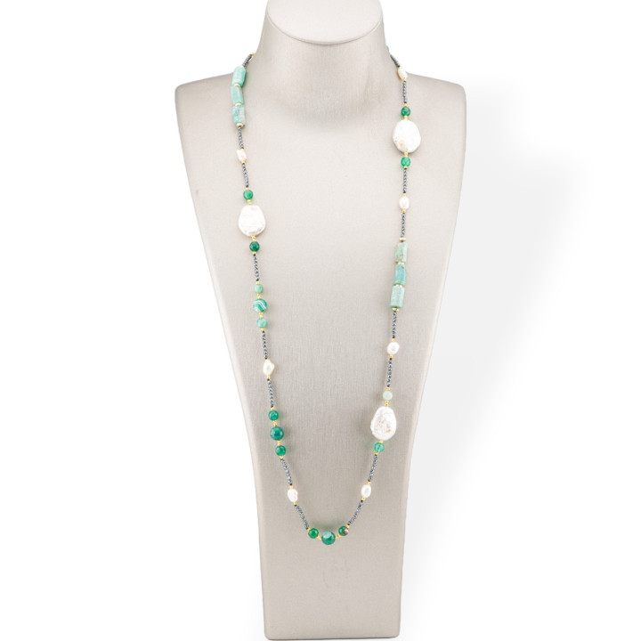 Charlestone Necklace Of Hard Stones, Pearls And Hematite 90cm Green