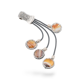 Componente Pendente Di SimilPelle Con Strass Marcasite E Pietre Dure Cabochon 53x140mm 1pz Agata Marrone