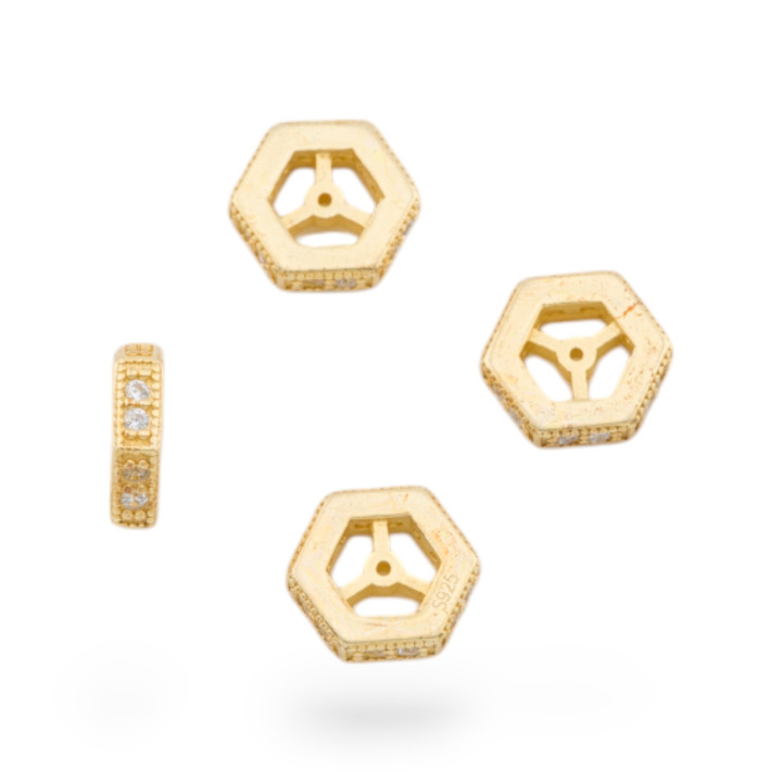 Rondelle Hexagonale Entretoise Argent 925 Avec Zircons 10x3mm 4pcs Doré