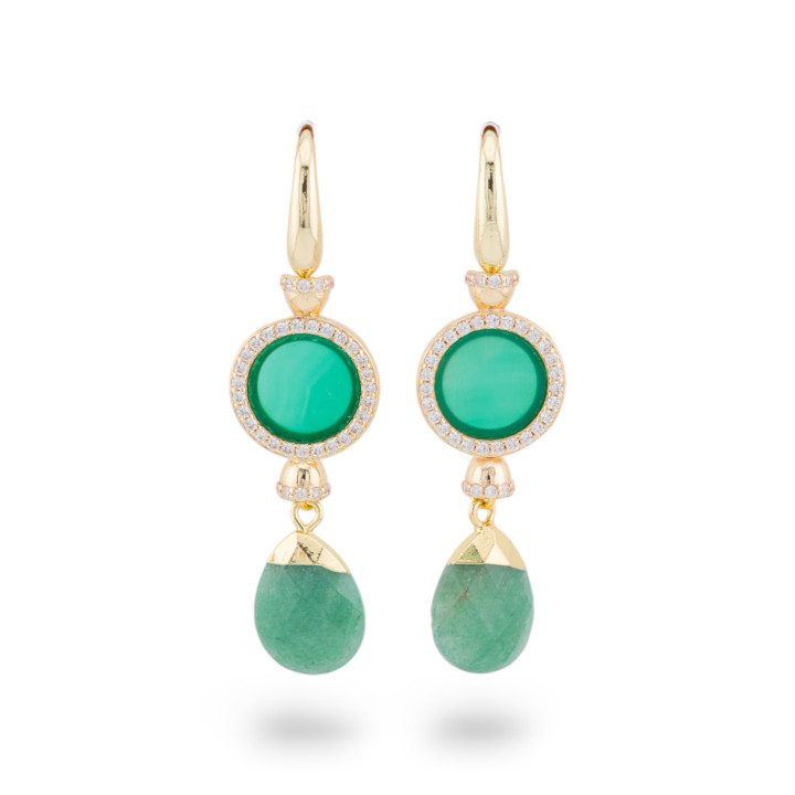Boucles D'oreilles Dormeuses En Bronze Avec Pierres Agate Verte Zircon Doré