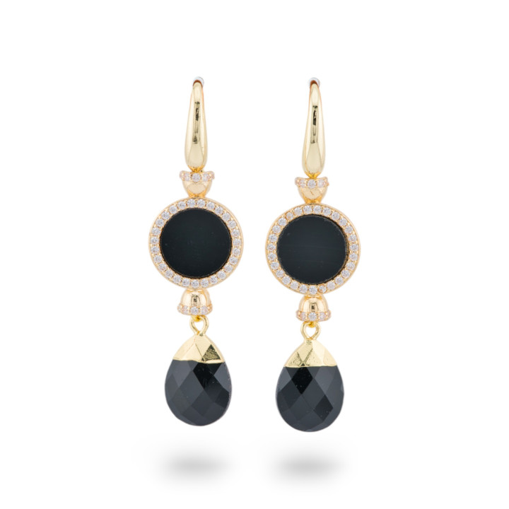 Bronze Earrings With Onyx Golden Zircon Stones