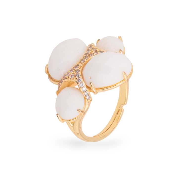 Anillo De Bronce Con Ojo De Gato Con Circonitas Tamaño Ajustable Ágata Blanca Dorada