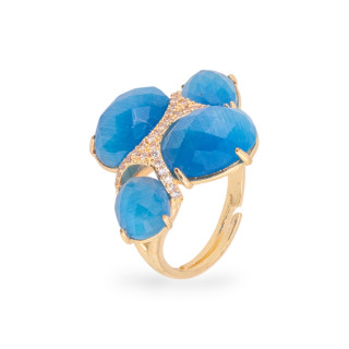 Bronzering mit Katzenauge und Zirkonen, verstellbare Größe, goldblau