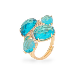 Anello Di Bronzo Con Occhio Di Gatto  Con Zirconi Misura Regolabile Dorato Celeste Trasparente