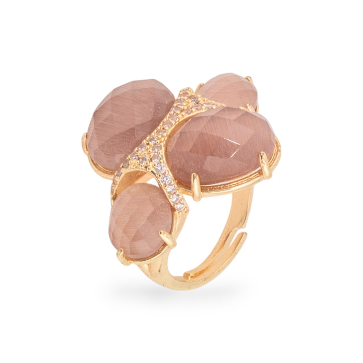 Bague Bronze Oeil de Chat Avec Zircons Taille Ajustable Poudre Dorée