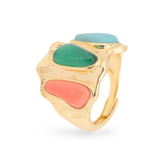 Bronze Ring With Cat's Eye 21x23mm With 3 Stones Adjustable Size Gold MIX1