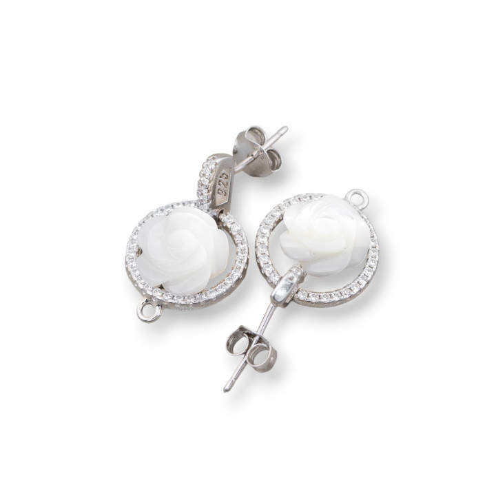 Base Pour Boucles D'Oreilles En Argent 925 Avec Zircons Et Nacre Fleur Clou Rond 13.5x22mm 1 Paire