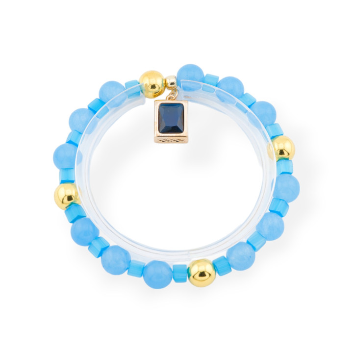 Stretch Bracelets Of Hard Stones With Pendant With CZ Crystals Rectangle Golden Blue