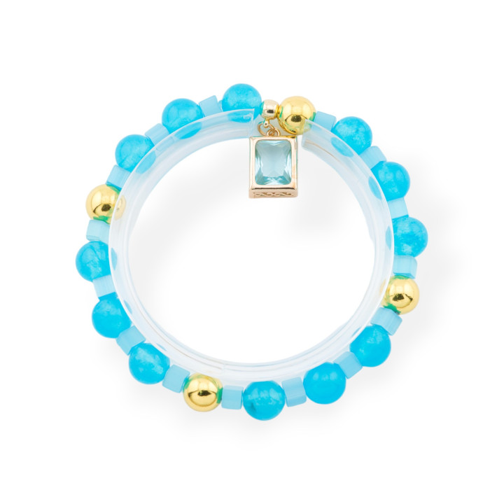 Bracciali Elasticizzato Di Pietre Dure Con Pendente Con Cristalli CZ Rettangolo Dorato Celeste