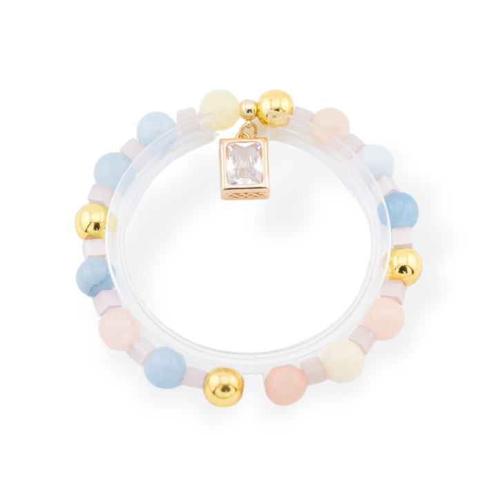 Stretch Bracelets Of Hard Stones With Pendant With CZ Crystals Rectangle Golden Multicolor