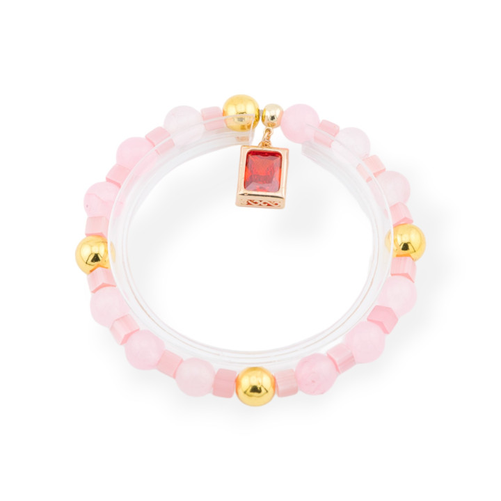 Stretch βραχιόλια από ημιπολύτιμες πέτρες με μενταγιόν με ροζ χρυσό ορθογώνιο κρύσταλλα CZ