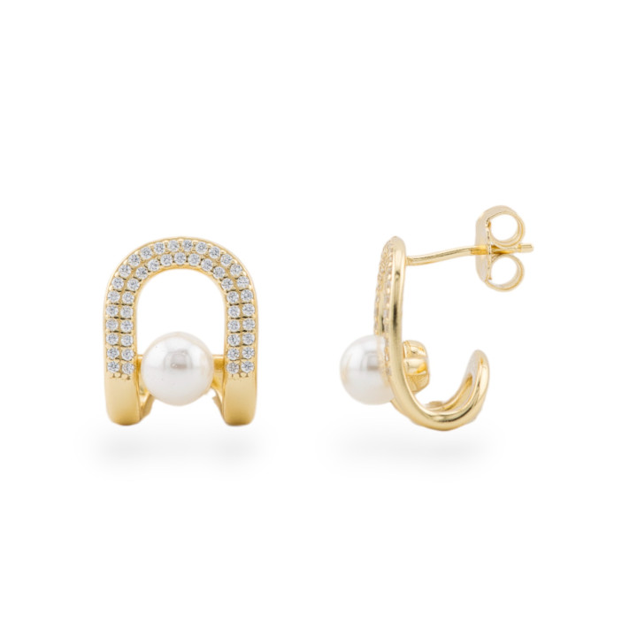 Ασημένια καρφωτά σκουλαρίκια Fantasy 925 με Ζιργκόν 12,5x16mm με πέτρες 1 Ζευγάρι Χρυσά Πέρλες Μαγιόρκα Λευκό