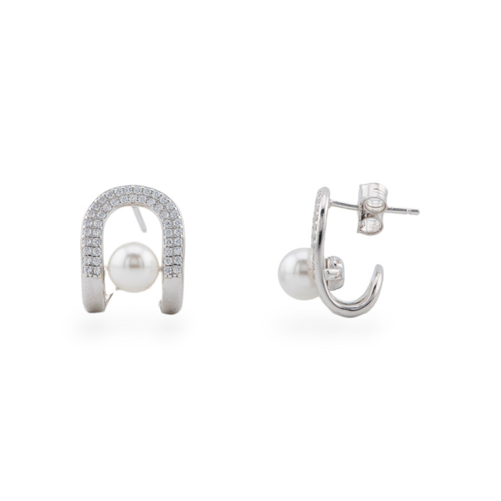 Orecchini A Perno Di Argento 925 Fantasia Con Zirconi 12,5x16mm Con Pietre 1 Coppia Rodiato Perle Di Maiorca