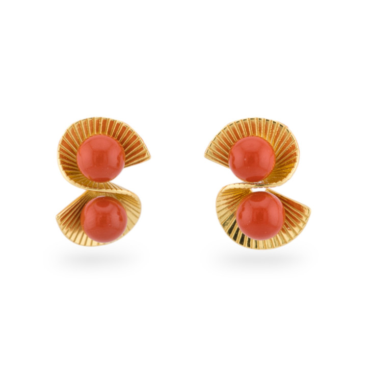 925 Silver Double Fan Stud Earrings With Stones 12x17.5mm 1 Pair Gold Coral Paste