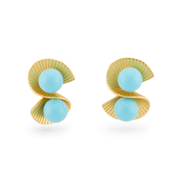 925 Silver Double Fan Stud Earrings With Stones 12x17.5mm 1 Pair Gold Turquoise Paste