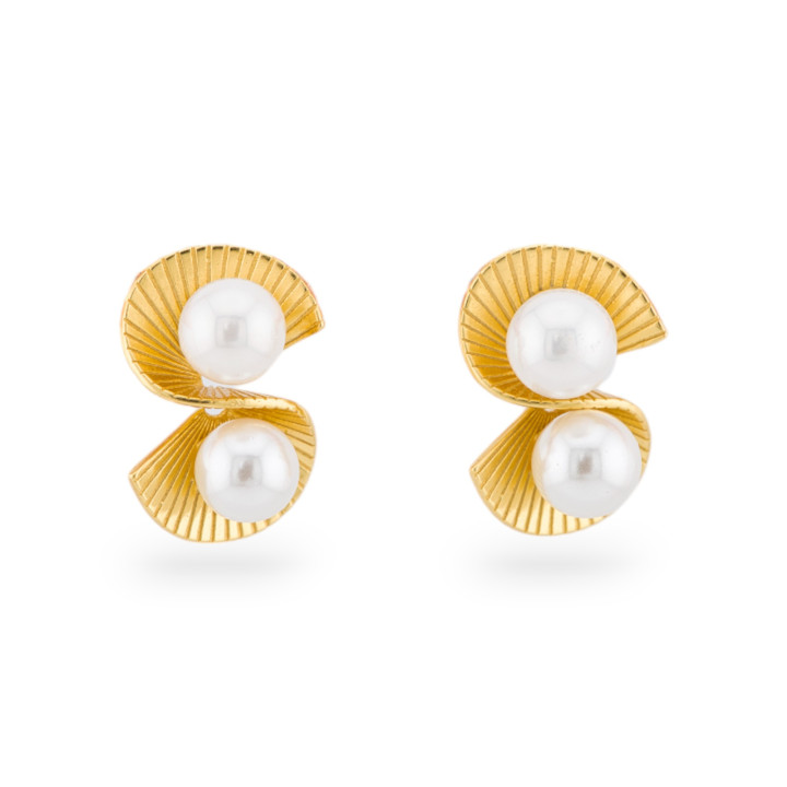 925 Silver Double Fan Stud Earrings With Stones 12x17.5mm 1 Pair Gold Mallorca Pearls