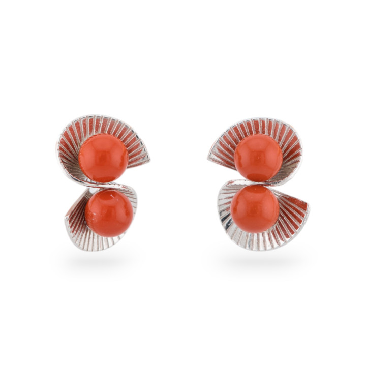Boucles d'Oreilles Puces Double Éventail avec Pierres Argent 925 12x17.5mm 1 Paire Pâte de Corail Plaqué Rhodié