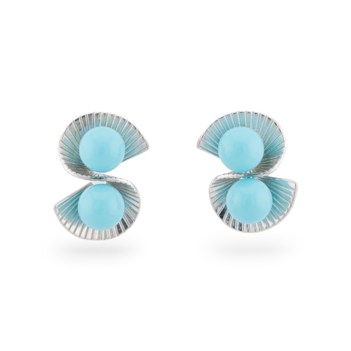 Boucles d'Oreilles Puces Double Éventail avec Pierres Argent 925 12x17.5mm 1 Paire Pâte Turquoise Rhodiée