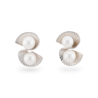 Orecchini Di Argento 925 A Perno Doppio Ventaglio Con Pietre 12x17,5mm 1 Coppia Rodiato Perle Di Maiorca