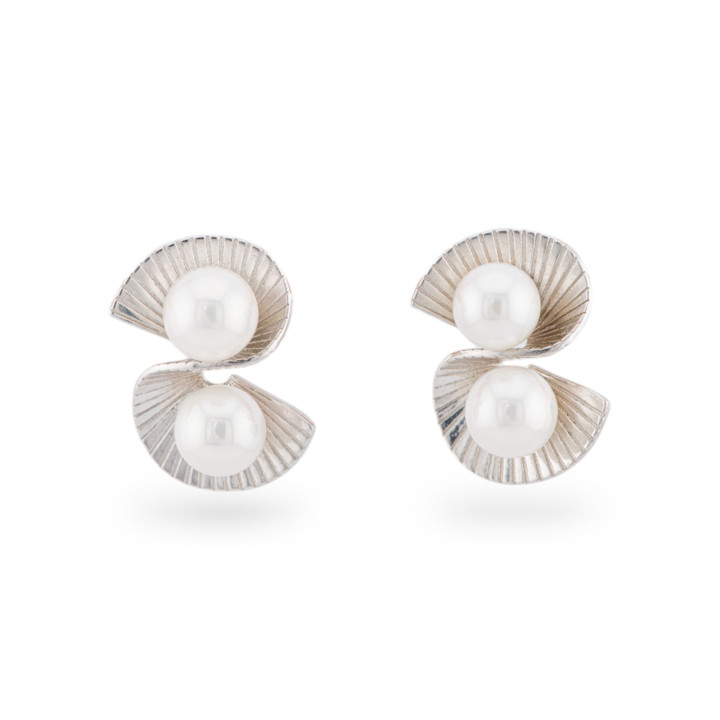 Doppelfächer-Ohrstecker aus 925er-Silber mit Steinen, 12 x 17,5 mm, 1 Paar rhodinierte mallorquinische Perlen