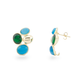 Μπρούτζινα καρφωτά σκουλαρίκια με Cat's Eye και CZ κρύσταλλα 19x26mm 1 ζευγάρι Χρυσό Γαλάζιο Πράσινο