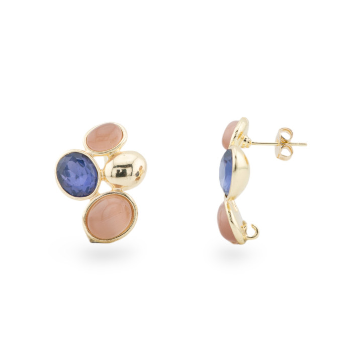 Orecchini Perno Di Bronzo Con Occhio Di Gatto e Cristalli CZ 19x26mm 1 Paio Dorato Cipria Blu