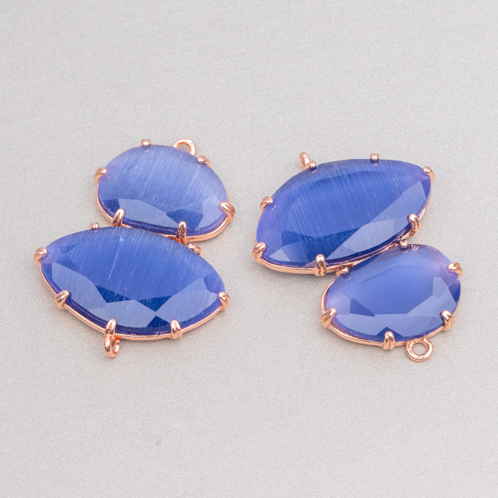 Connettore Componente Di Ottone Con Occhio Di Gatto Incastonati 30x40mm Con 2 Anellini 4pz Oro Rosa Blu Zaffiro