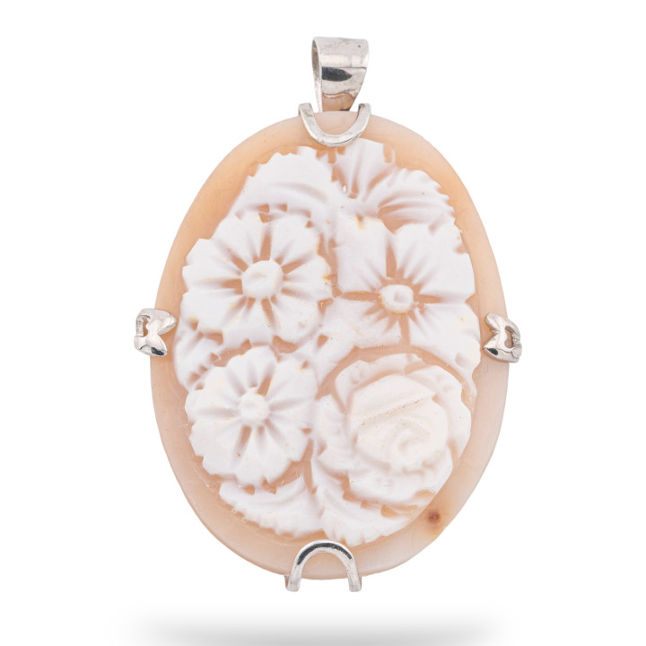 Anhänger aus 925er Silber mit handgravierter italienischer Kamee, 32 x 52 mm, 1 Stück, rhodiniert