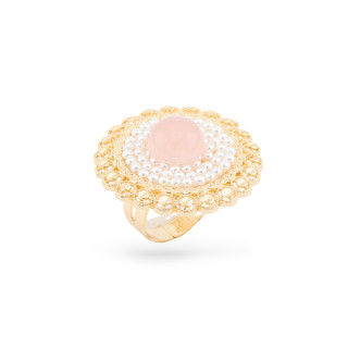 Anillo De Bronce Con Piedras Y Cuentas De Cuarzo Rosa Dorado