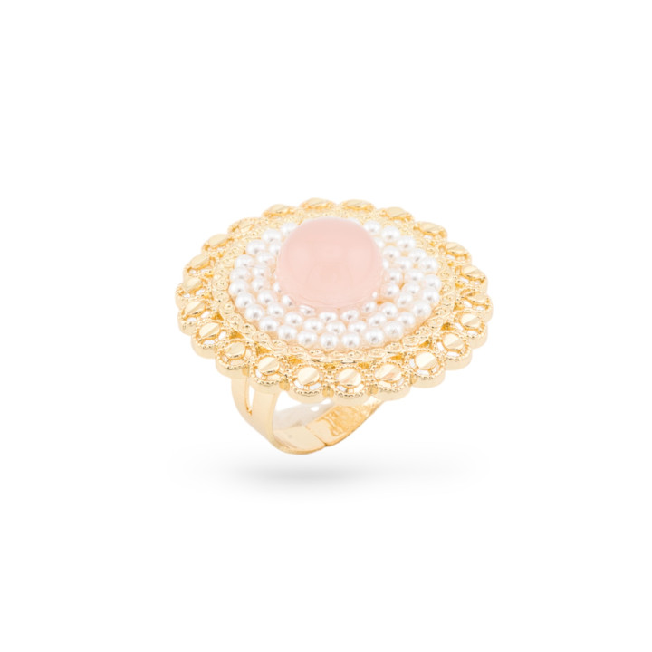 Bague En Bronze Avec Pierres Et Perles De Quartz Rose Doré