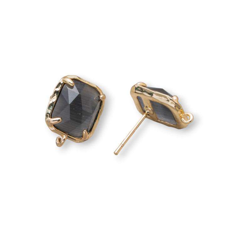 Base Per Orecchini Di Ottone A Perno Con Occhio Di Gatto Sfaccettato Rettangolo 10,5x13mm 5 Paia Grigio