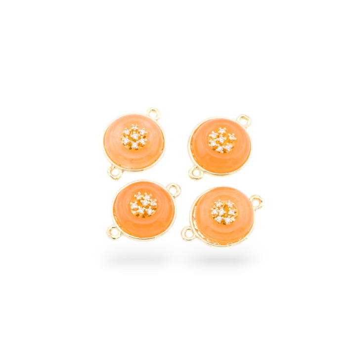 Brass Component Connector With Hard Stones And Zircons Round 14mm With 2 Jump Rings 6pcs Golden Orange