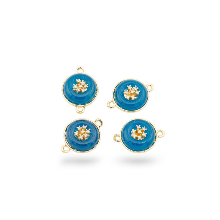 Brass Component Connector With Hard Stones And Zircons Round 14mm With 2 Jump Rings 6pcs Gold Blue
