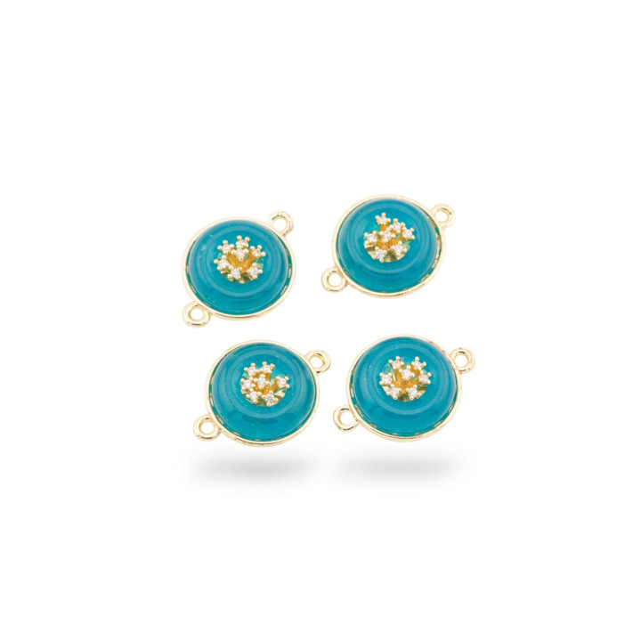 Connettore Componente Di Ottone Con Pietre Dure E Zirconi Tondo 14mm Con 2 Anellini 6pz Dorato Ottanio