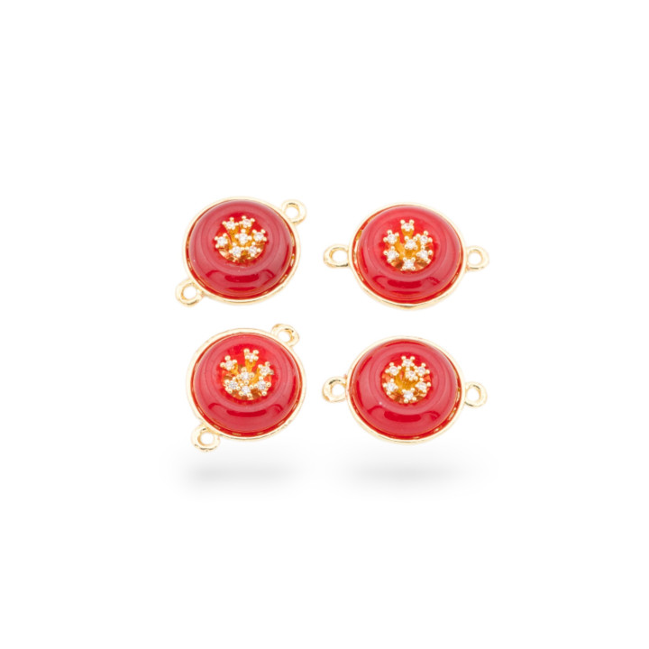 Conector de componente de latón con piedras semipreciosas y circonitas redondo de 14 mm con 2 anillos 6 piezas rojo dorado